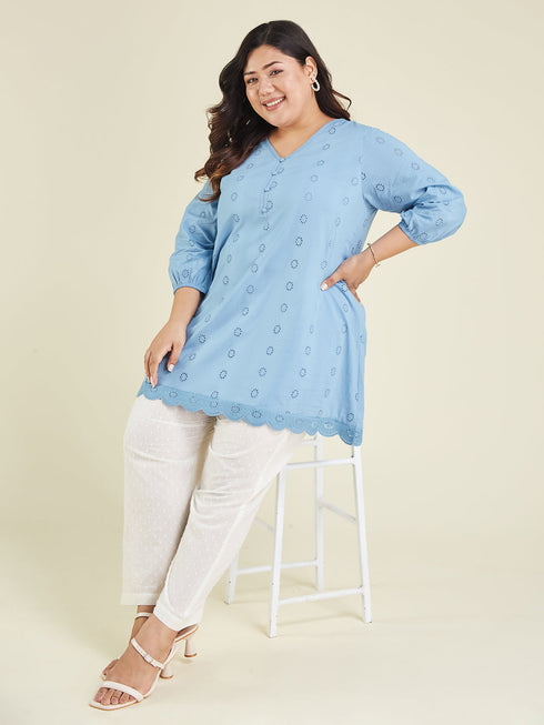 Janasya Women's Plus Size Light Blue Pure Cotton Schiffli Embroidered A-line Tunic